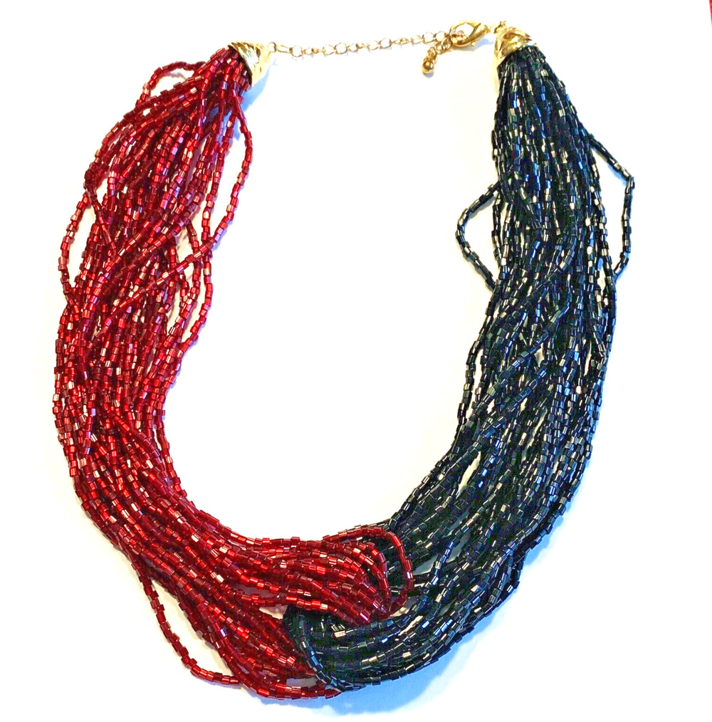 Y2K Beaded Multistrand Choker Necklace Knotted Black & Red Dramatic Statement